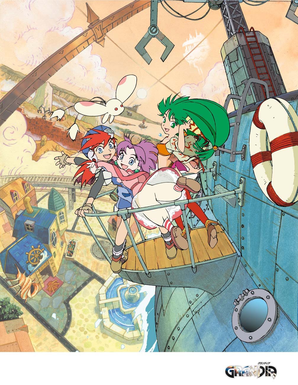 Colorful Illustration of Grandia's characters smiling while  the airship they are in flies above a city.