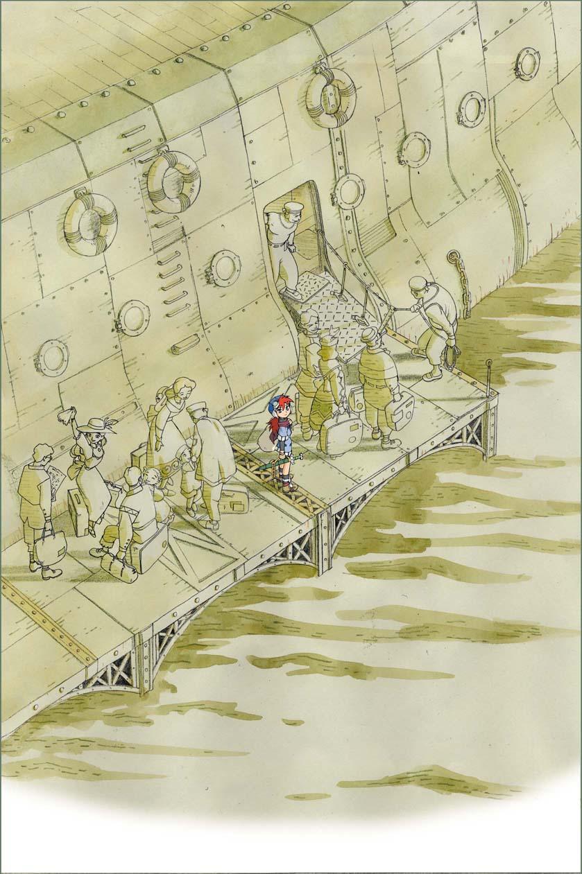 Illustration of a sepia ship and the people embarking on it, families saying goodbye etc. In the middle is the only colored character, Justin, the protagonist, looking up with an almost melancholic expression.