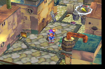 A screenshot of Grandia. Justin and Sue stand in the middle of the initial town of Parm.