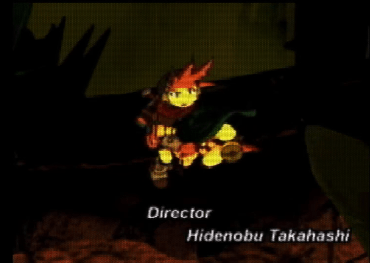 Screnshot from Grandia's intro showing Justin looking up. Text reads: 'Director: Hidenobu Takashi'