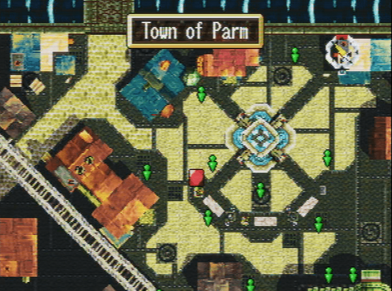 Eagle's eye shot of the Town of Parm. We see the town square, where many green icons show the NPC locations