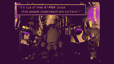 Screenshot from FFVII of the 'it's cuz of that &^#$# 'pizza' textbox