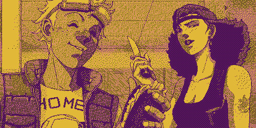 Screenshot from Snatcher featuring a proto Meryl from MGS holding a knife and a smiling guy with a sandwich in his hand.